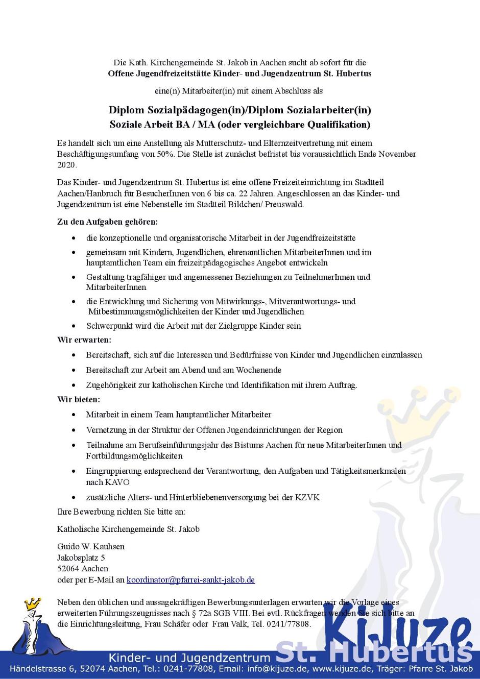 Stellenausschreibung | Kinder- und Jugendzentrum St. Hubertus